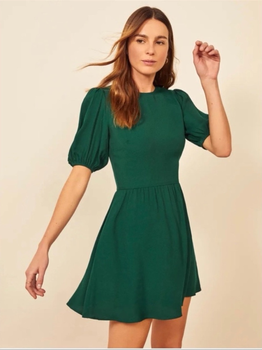 Reformation Emerald Green Puff-Sleeve Dress